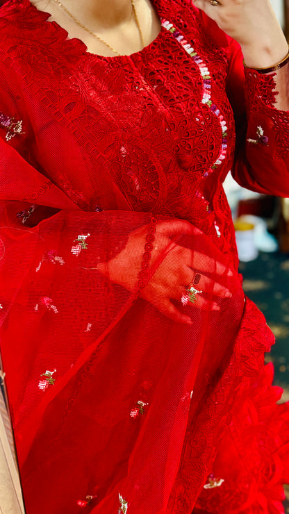 Power Red Embroidered Lawn Suit – Luxury 3 Piece Designer Outfit | F FOR FASHION London