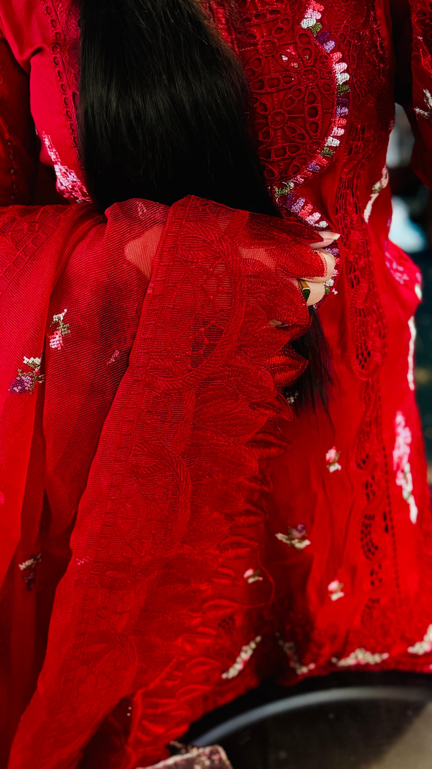 Power Red Embroidered Lawn Suit – Luxury 3 Piece Designer Outfit | F FOR FASHION London