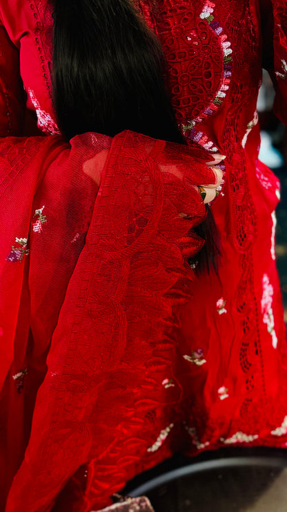 Power Red Embroidered Lawn Suit – Luxury 3 Piece Designer Outfit | F FOR FASHION London