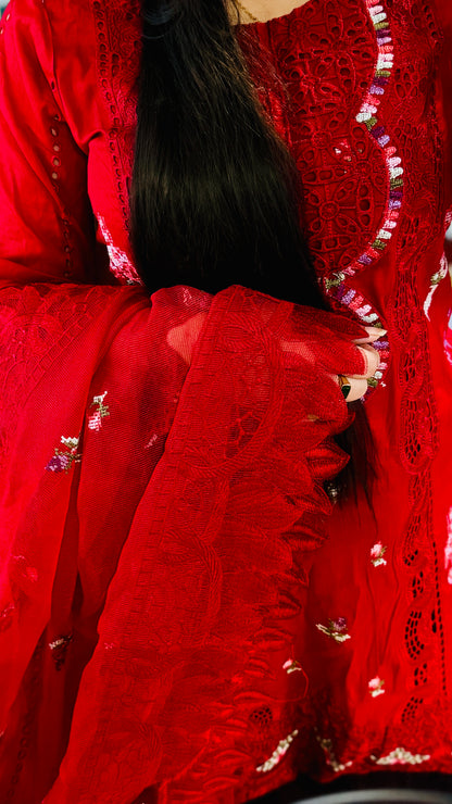 Power Red Embroidered Lawn Suit – Luxury 3 Piece Designer Outfit | F FOR FASHION London
