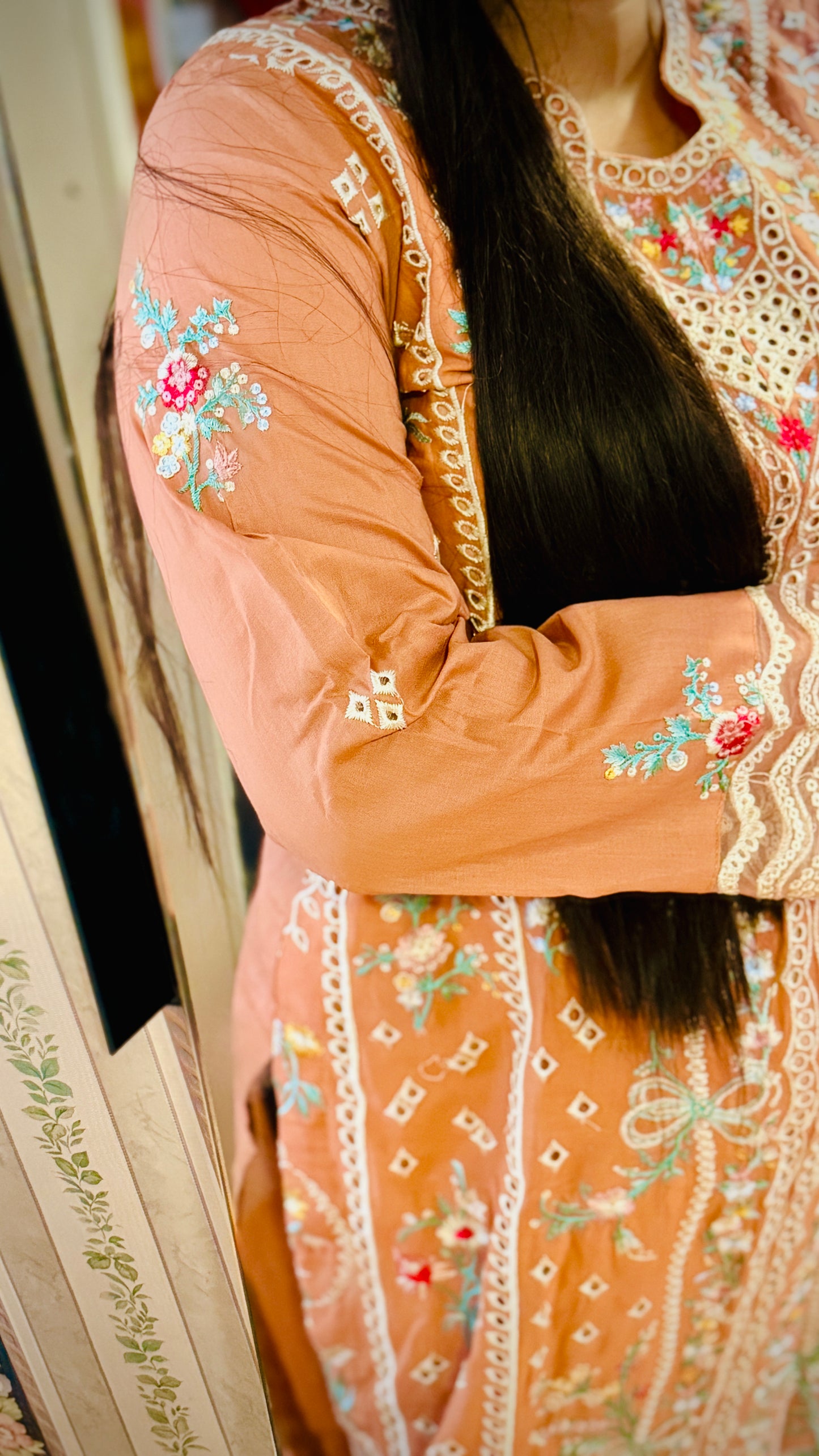 Peach Net Embroidered Suit – 3 Piece Luxury Designer Dress | F FOR FASHION London