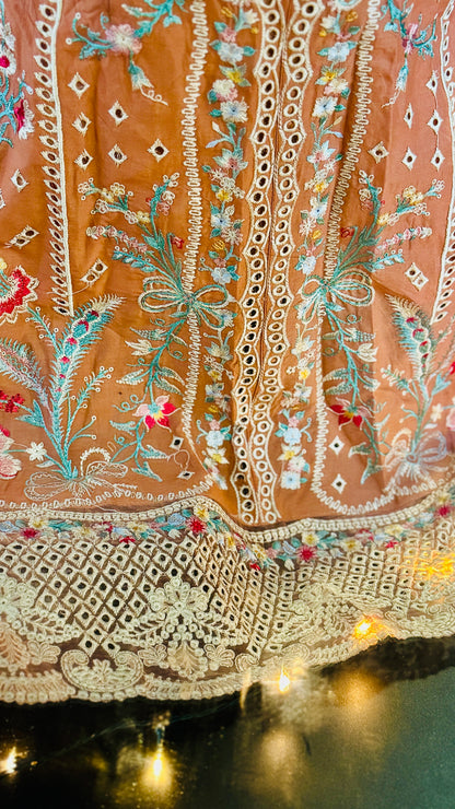 Peach Net Embroidered Suit – 3 Piece Luxury Designer Dress | F FOR FASHION London