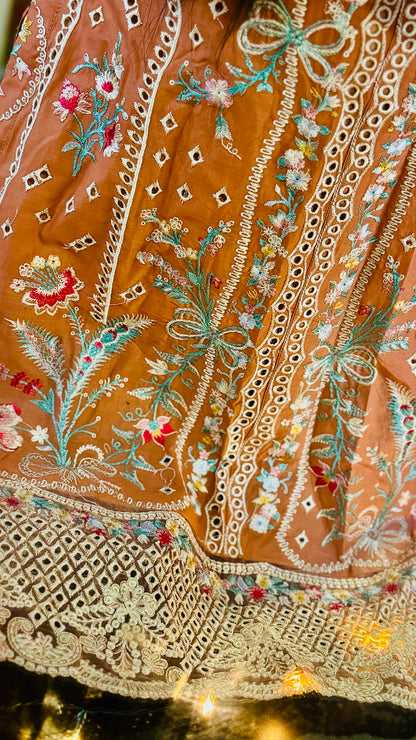 Peach Net Embroidered Suit – 3 Piece Luxury Designer Dress | F FOR FASHION London