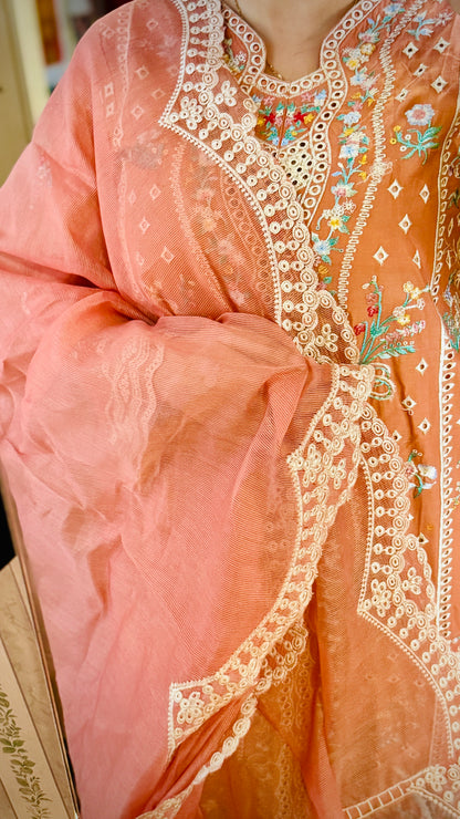 Peach Net Embroidered Suit – 3 Piece Luxury Designer Dress | F FOR FASHION London