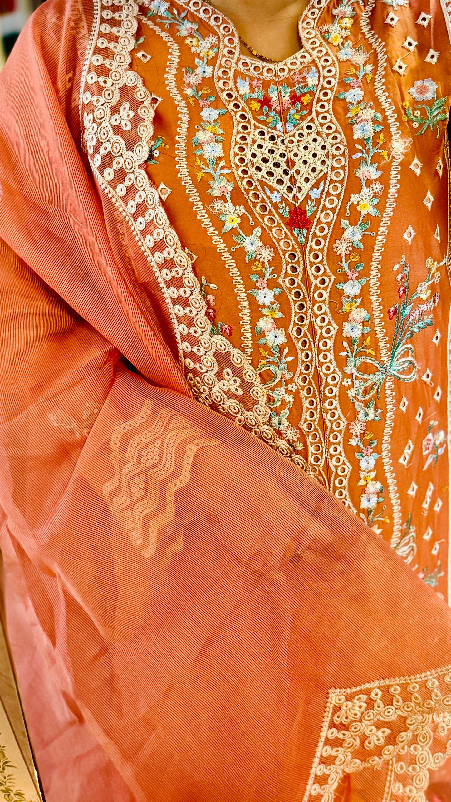 Peach Net Embroidered Suit – 3 Piece Luxury Designer Dress | F FOR FASHION London