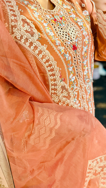 Peach Net Embroidered Suit – 3 Piece Luxury Designer Dress | F FOR FASHION London