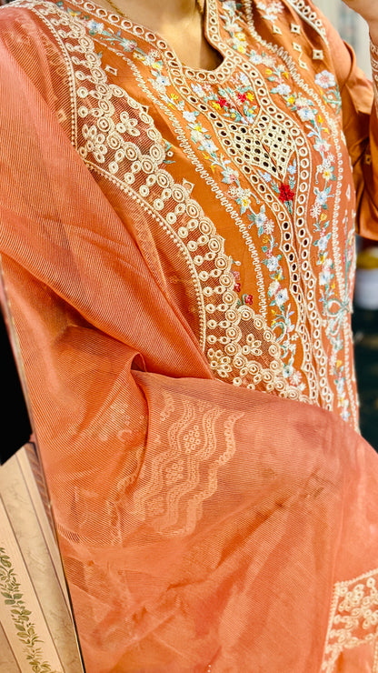 Peach Net Embroidered Suit – 3 Piece Luxury Designer Dress | F FOR FASHION London