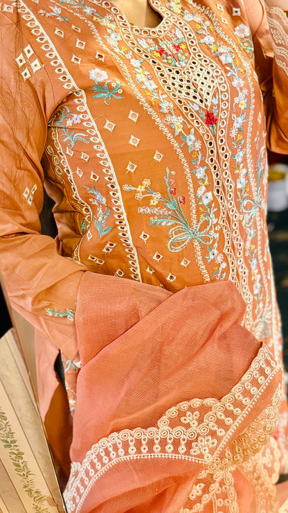 Peach Net Embroidered Suit – 3 Piece Luxury Designer Dress | F FOR FASHION London