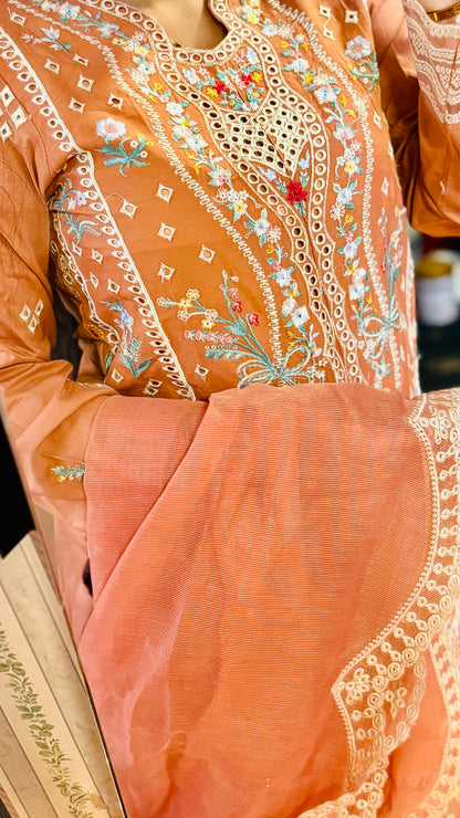 Peach Net Embroidered Suit – 3 Piece Luxury Designer Dress | F FOR FASHION London