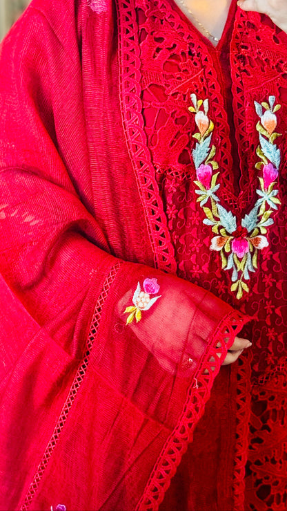 Luxury Red Net Embroidered Suit | 3 Piece Designer Dress – F FOR FASHION